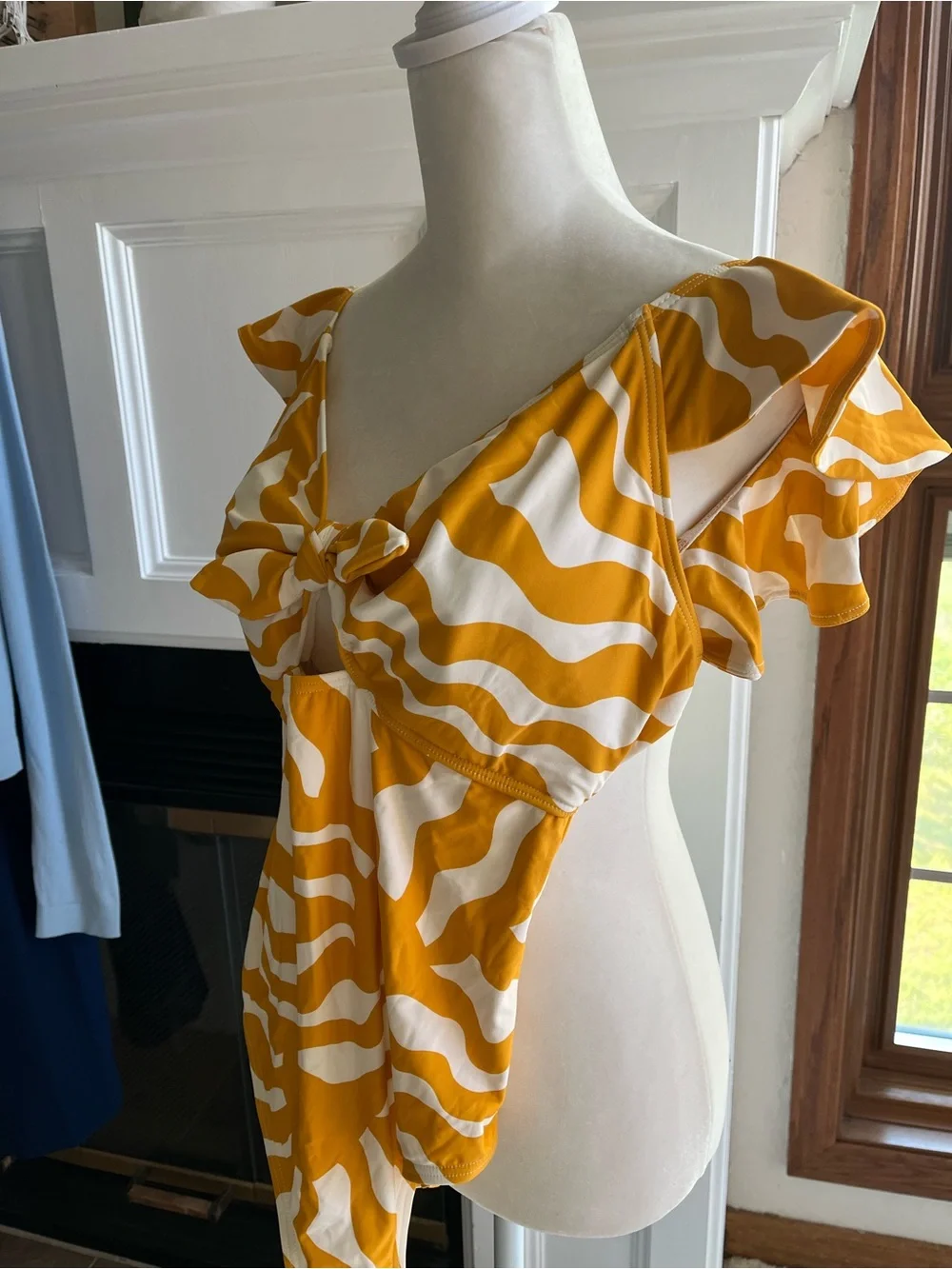 LOFT Yellow and Cream Wave-Print Tie-Front One Piece Swimsuit